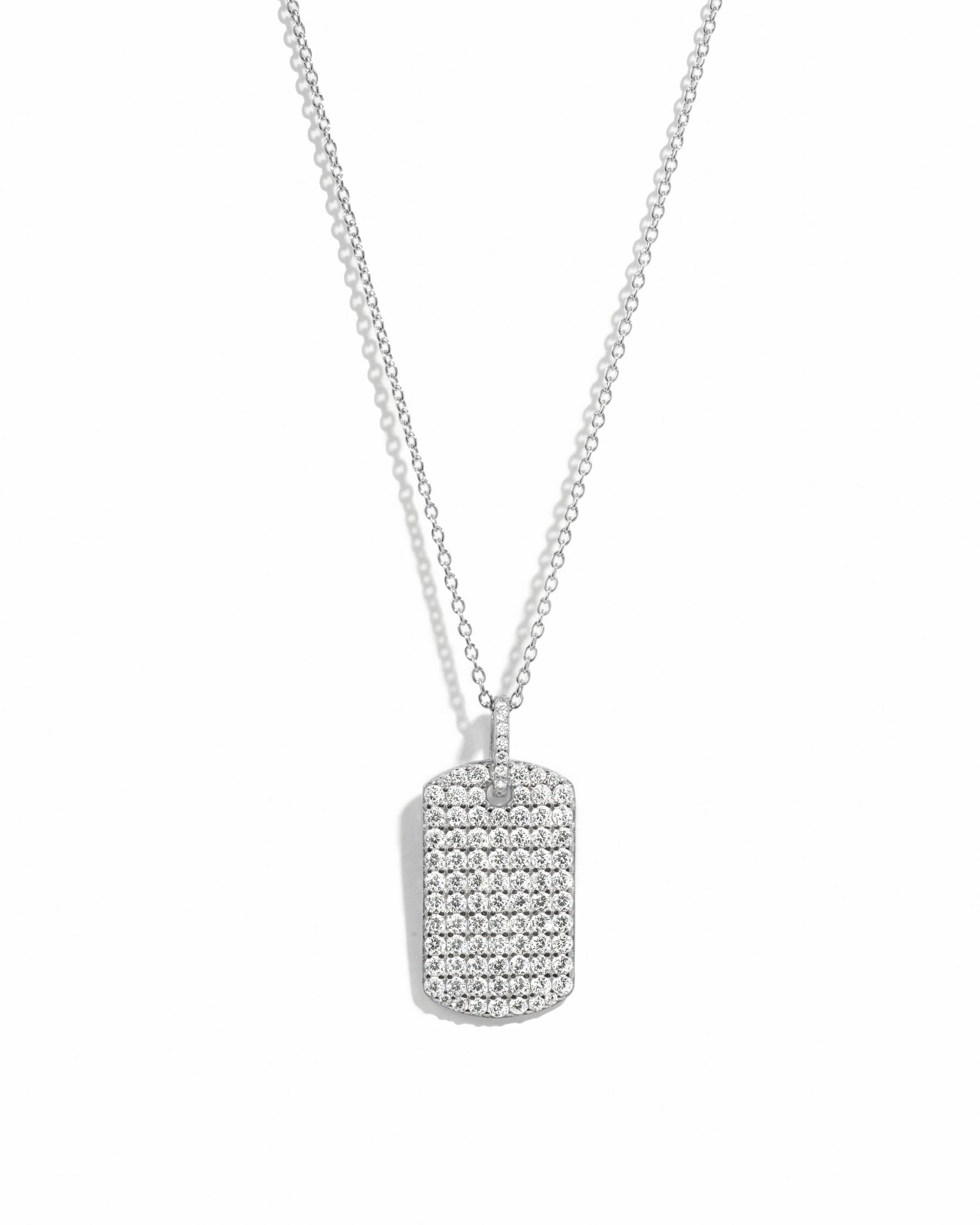 Sterling silver Pavé Dog Tag Necklace from Sami Jewels, featuring a sparkling pave design on a sleek pendant.