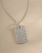 Sterling silver Pavé Dog Tag Necklace by Sami Jewels featuring sparkling pave details and a sleek, modern design.