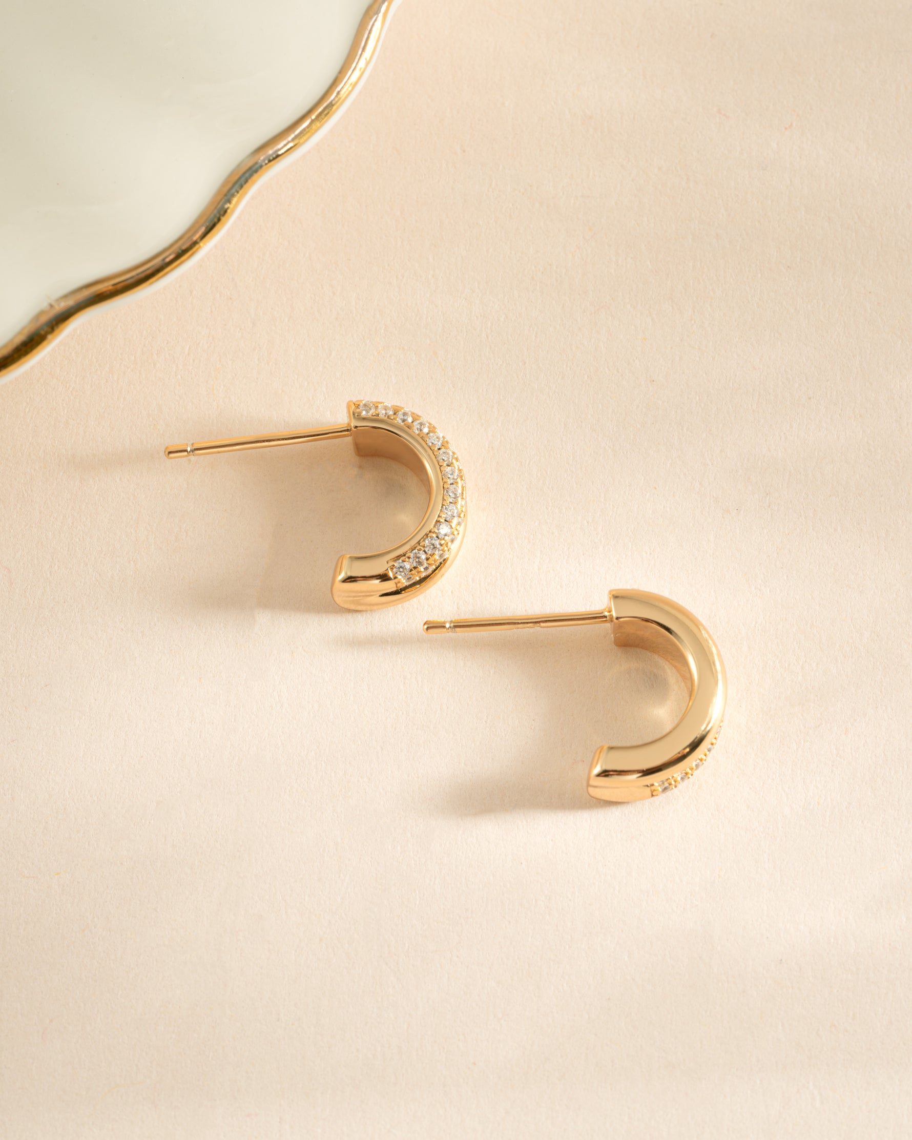 Gold Pavé Double Hoop Earrings by Sami Jewels, side profile view showcasing sparkling pave detailing and elegant hoop design.
