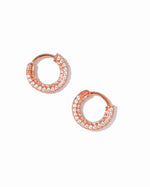 Rose gold 12mm pavé hoop earrings by Sami Jewels, featuring sparkling gemstones on a white background.