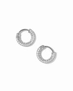 Sterling silver 12mm pavé hoop earrings by Sami Jewels with sparkling pave detailing on a white background.