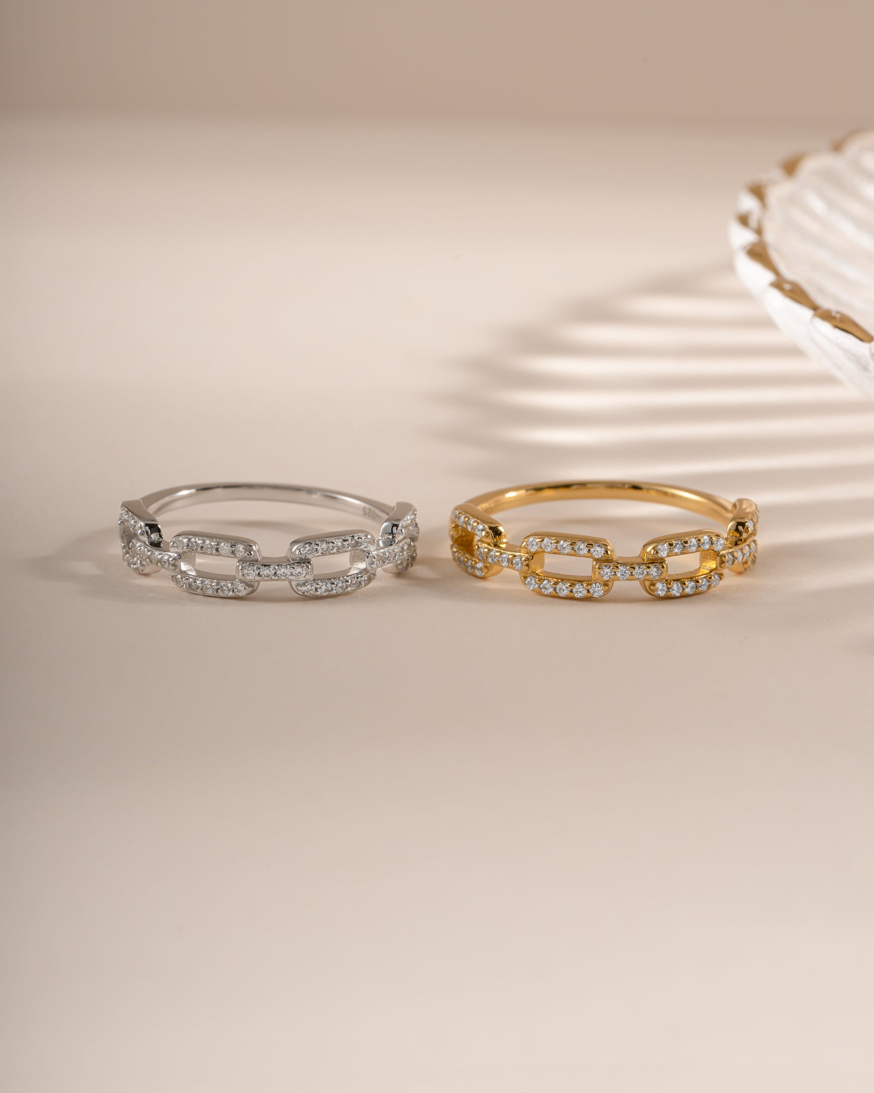Sami Jewels Pavé Link Ring featuring gold and sterling silver with sparkling pave diamond accents.