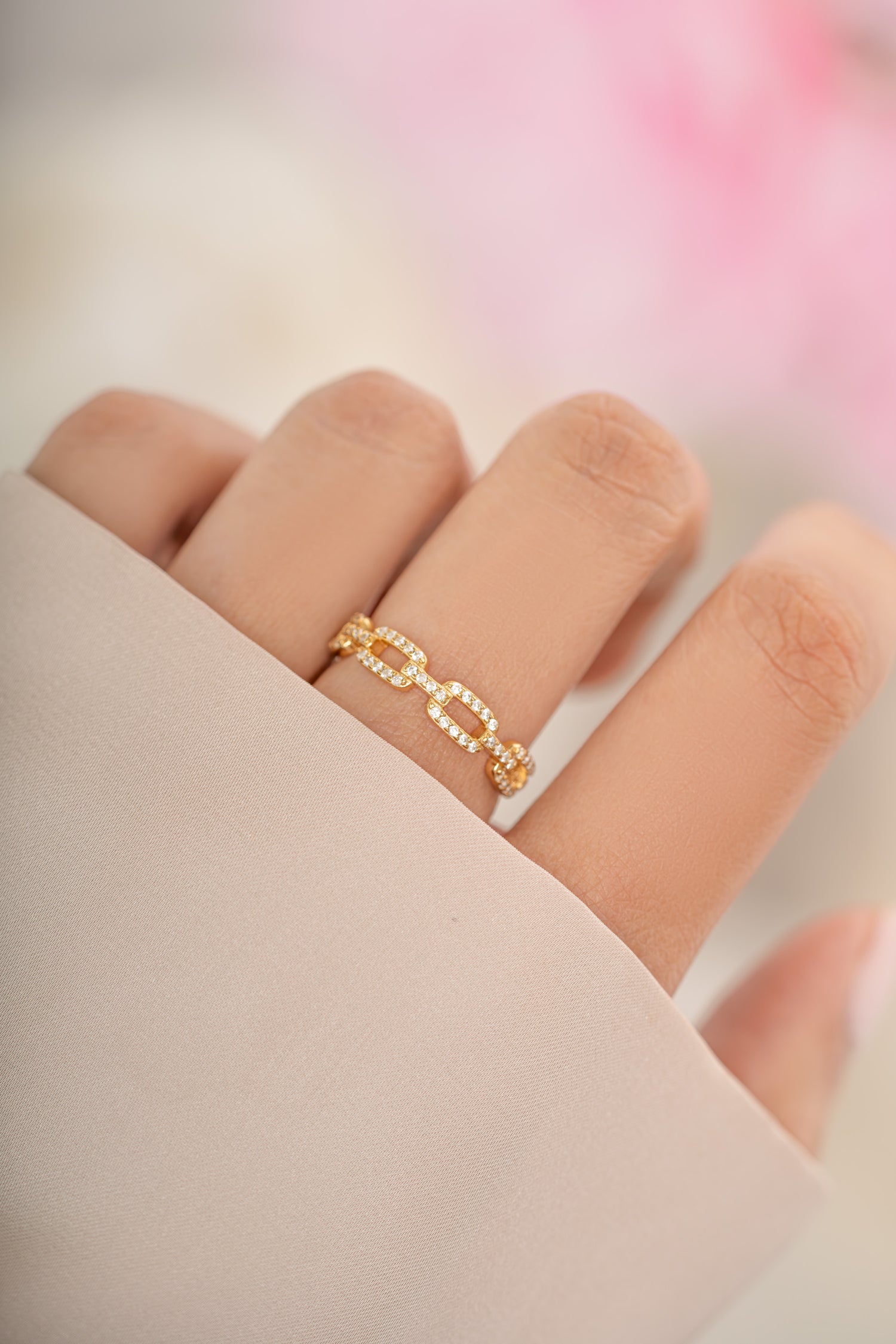 Gold Pavé Link Ring by Sami Jewels featuring sparkling diamond accents and intricate link design.