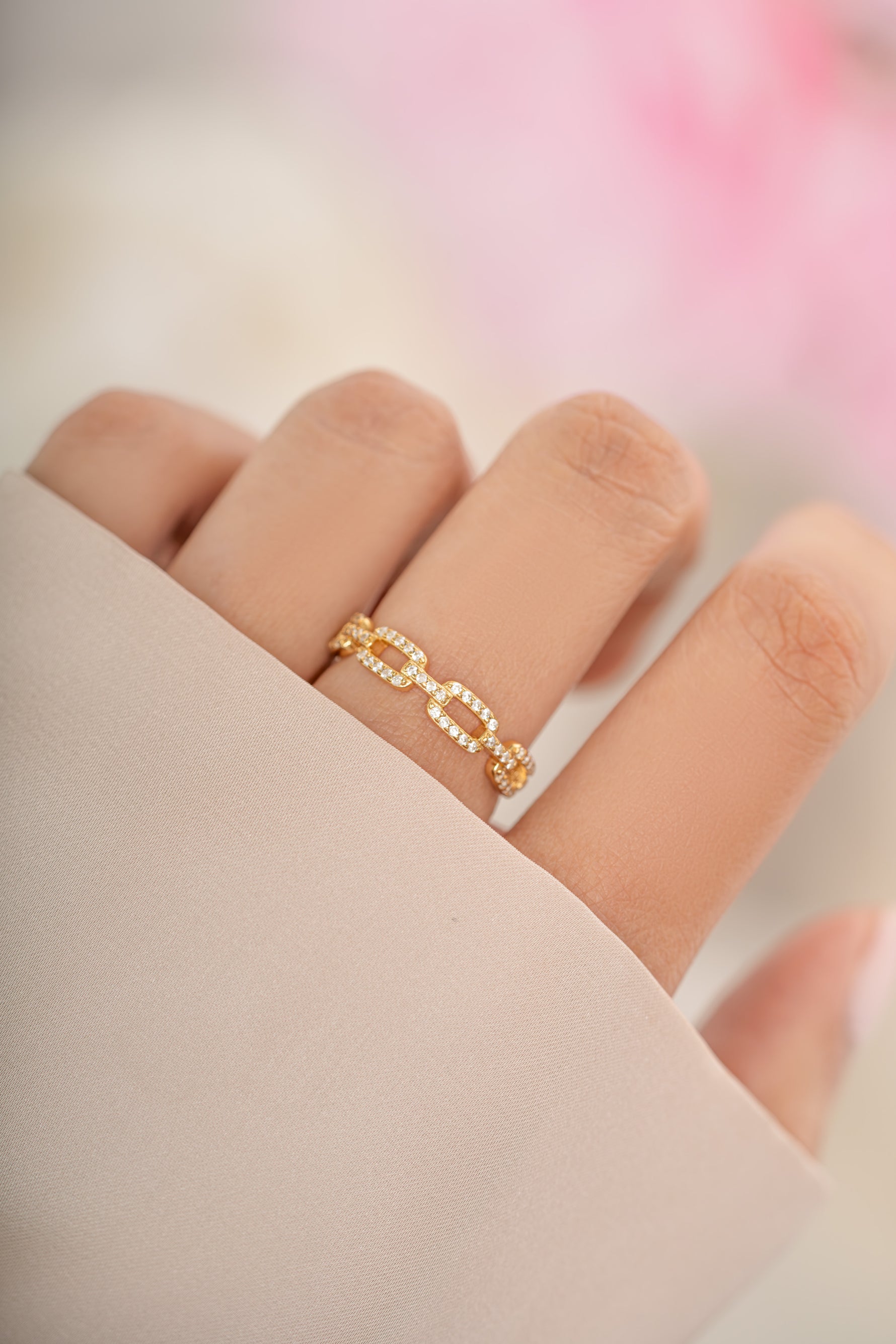 Gold Pavé Link Ring by Sami Jewels featuring sparkling diamond accents and intricate link design.