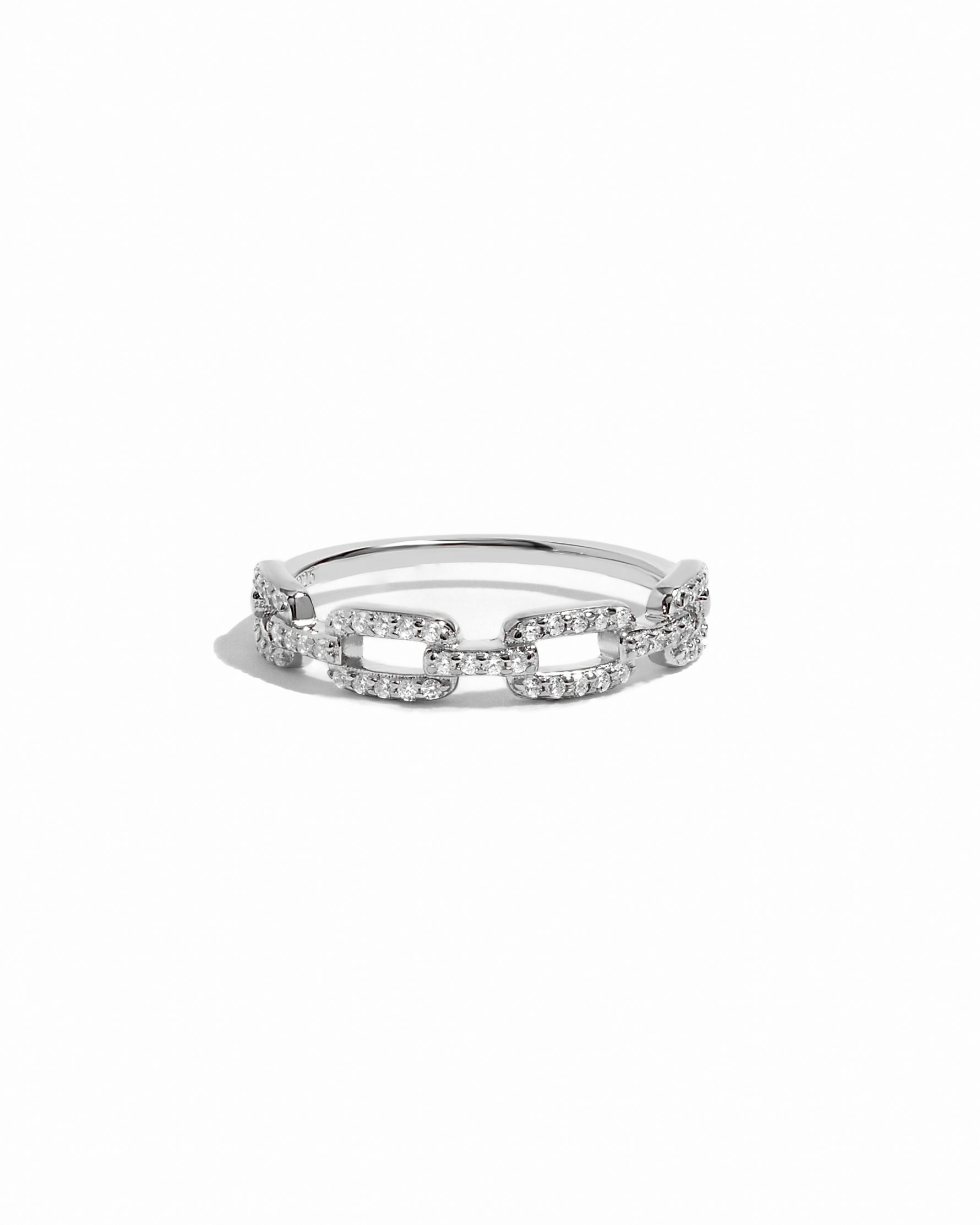 Sami Jewels Pavé Link Ring featuring sparkling diamonds set in sterling silver on a white background.