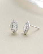 Sterling silver Halo Marquise Stud Earrings by Sami Jewels featuring pave stone detail and elegant marquise shape.