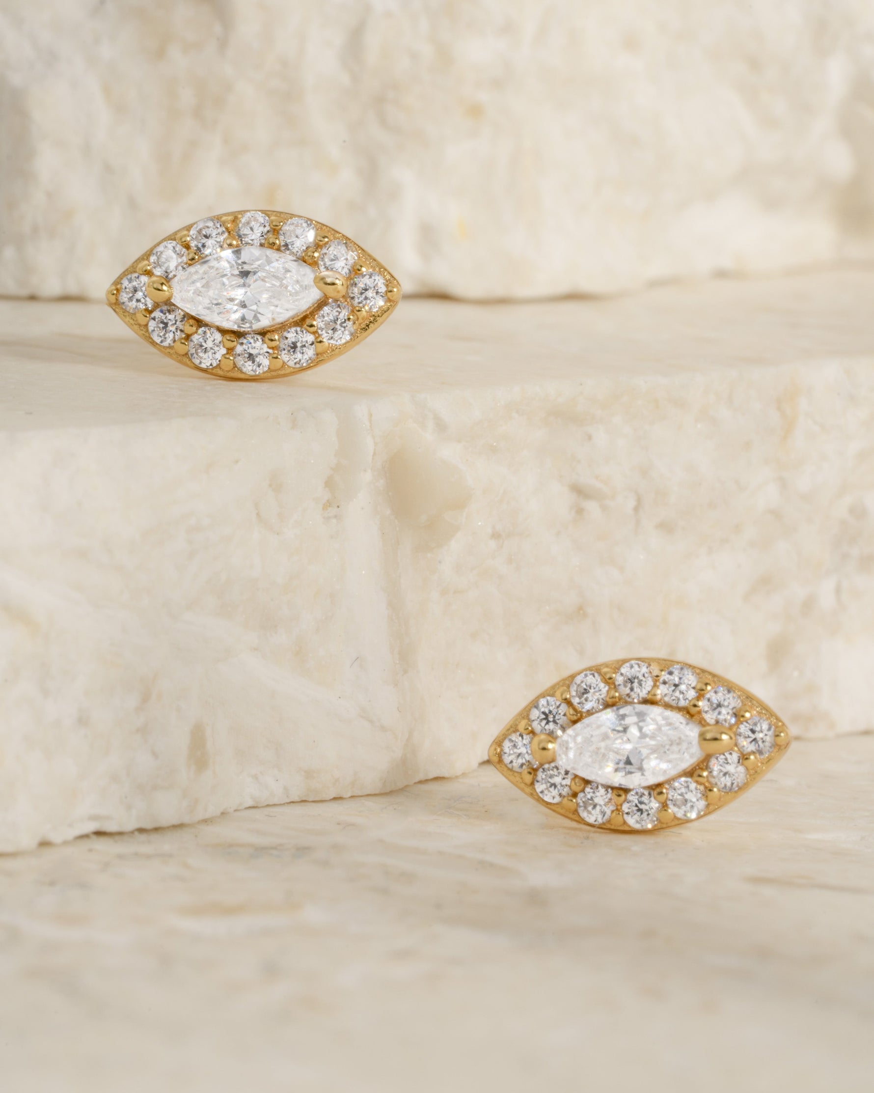 Gold Halo Marquise Stud Earrings by Sami Jewels featuring pave design and sparkling stone details.