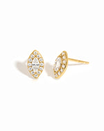 Sami Jewels Halo Marquise Stud Earrings with pave detailing on gold, displayed on a white background.