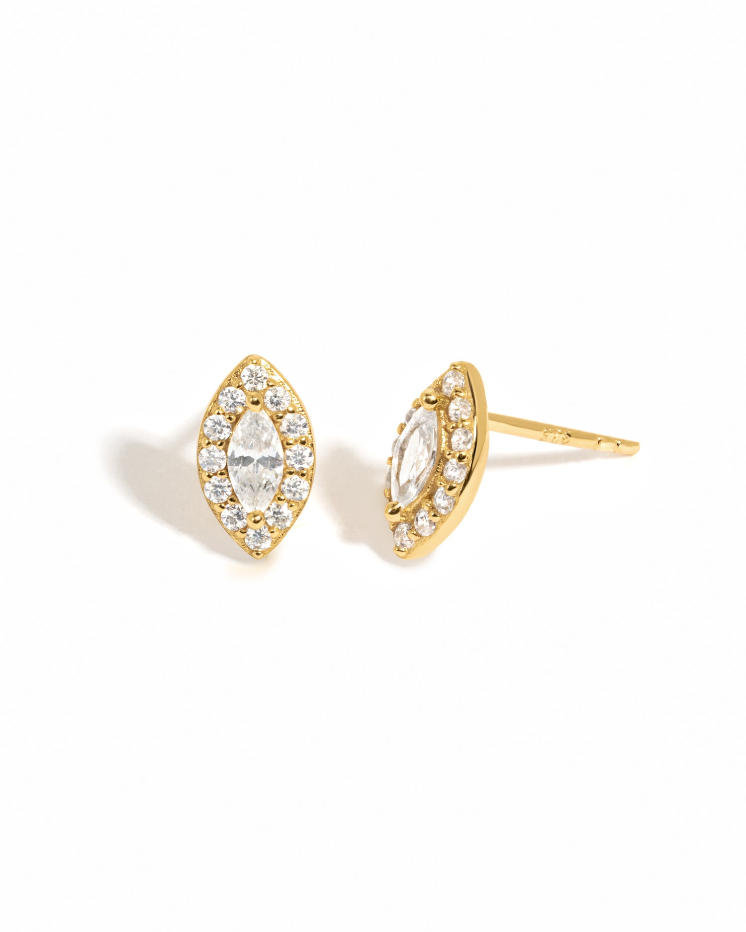 Gold Halo Marquise Stud Earrings by Sami Jewels with sparkling pave details on a white background.