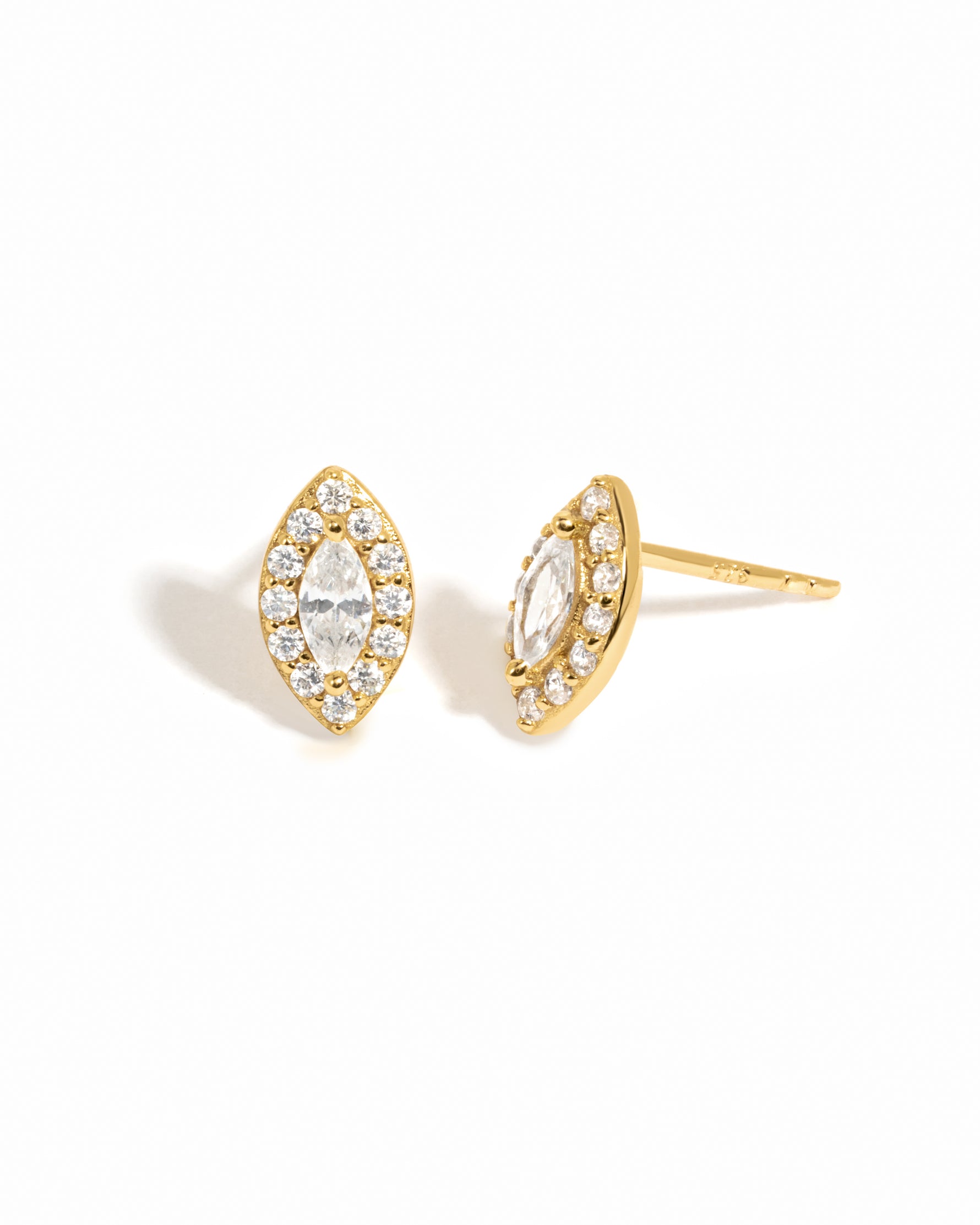Sami Jewels Halo Marquise Stud Earrings with pave detailing on gold, displayed on a white background.