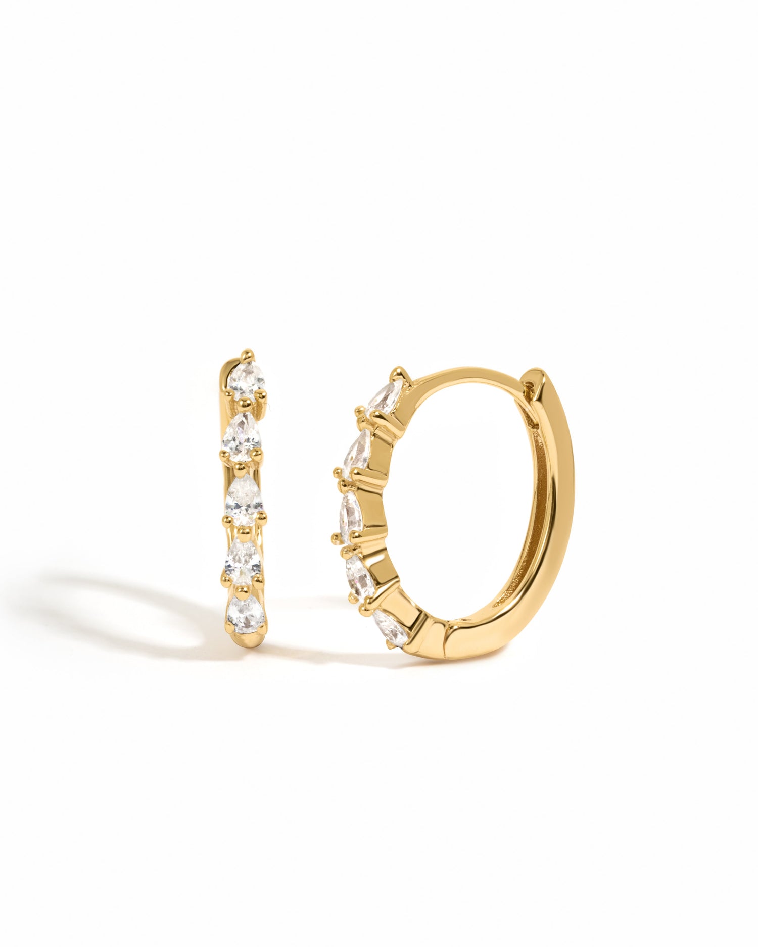 Sami Jewels Pear Stone Hoops earrings with pear-shaped diamonds on gold hoops, displayed on a white background.