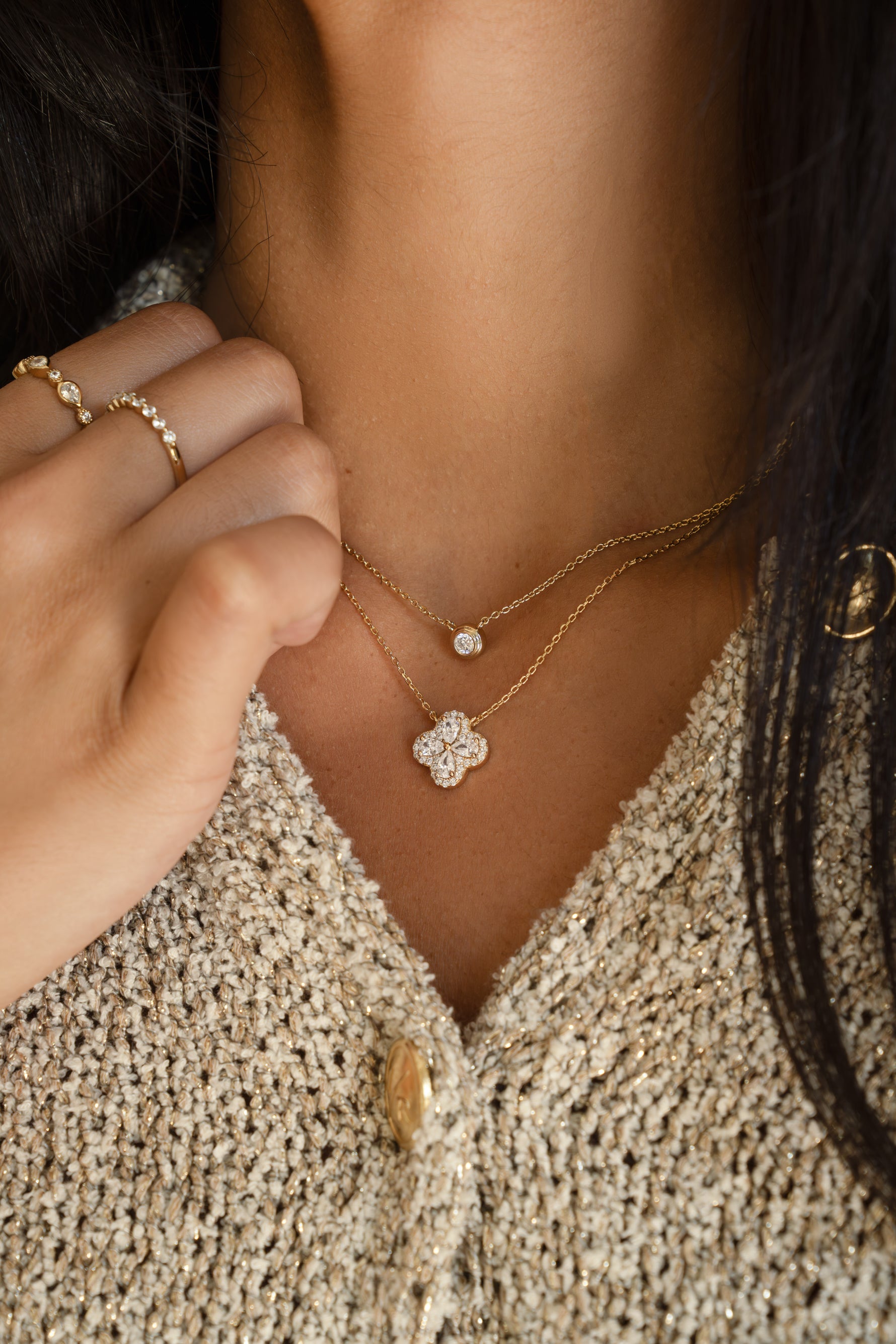 Gold Pear Four Leaf Clover Diamond Necklace by Sami Jewels, featuring a delicate pendant on a fine chain.
