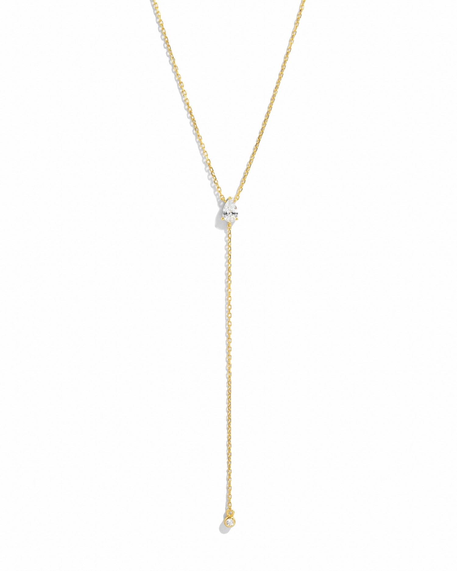 Gold Pear Lariat Necklace by Sami Jewels featuring a elegant pear-shaped pendant on a delicate chain.