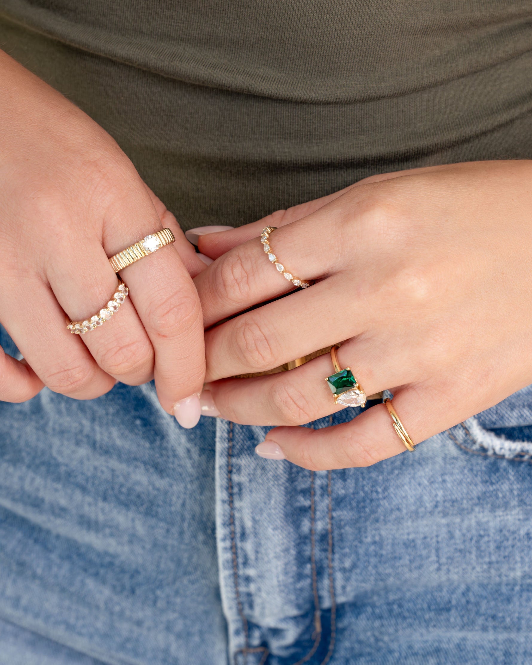 Gold pear stone stacking ring from Sami Jewels, featuring a sleek band with a pear-shaped gemstone for elegant everyday wear.