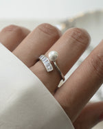 Sterling silver Pearl Baguette Ring by Sami Jewels featuring a prominent pearl and baguette-cut design.