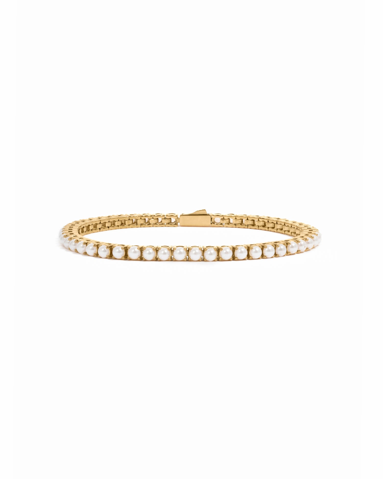 Gold stainless steel SS Pearl Tennis Bracelet with lustrous pearls, designed by Sami Jewels, waterproof and elegant for any occasion.
