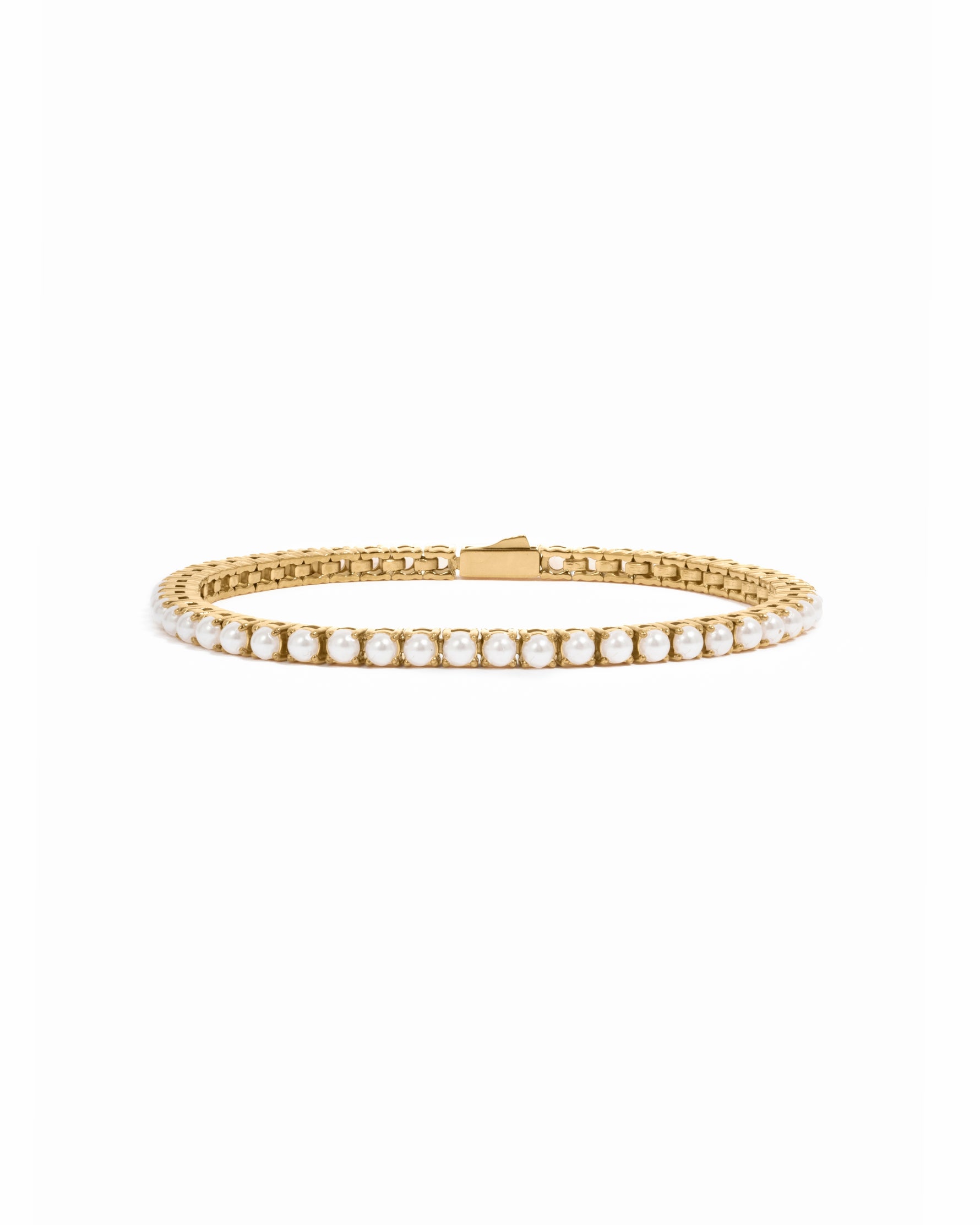 Gold stainless steel SS Pearl Tennis Bracelet with lustrous pearls, designed by Sami Jewels, waterproof and elegant for any occasion.