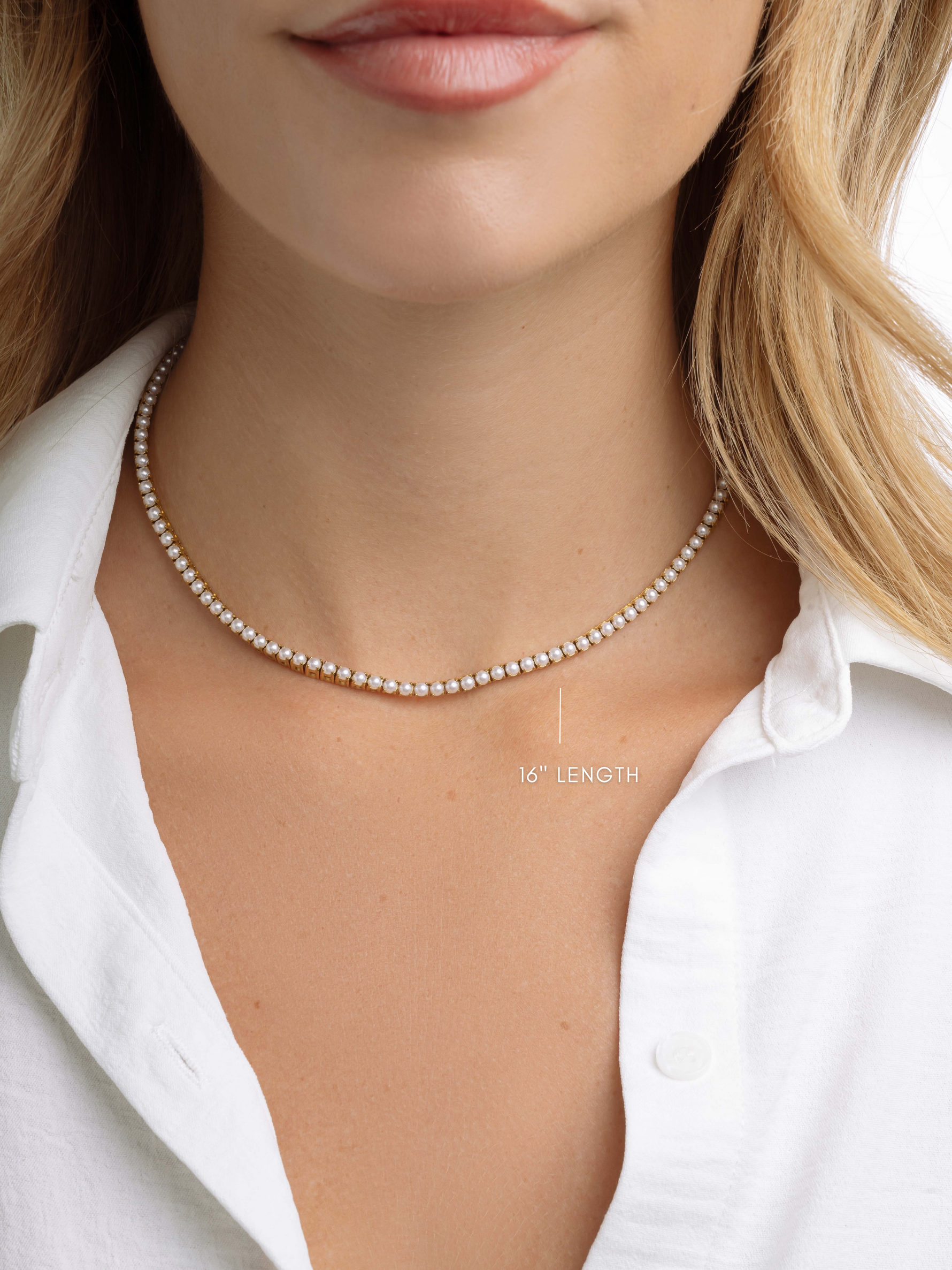Gold stainless steel SS Pearl Tennis Necklace by Sami Jewels, 16-inch length, featuring a string of elegant white pearls.