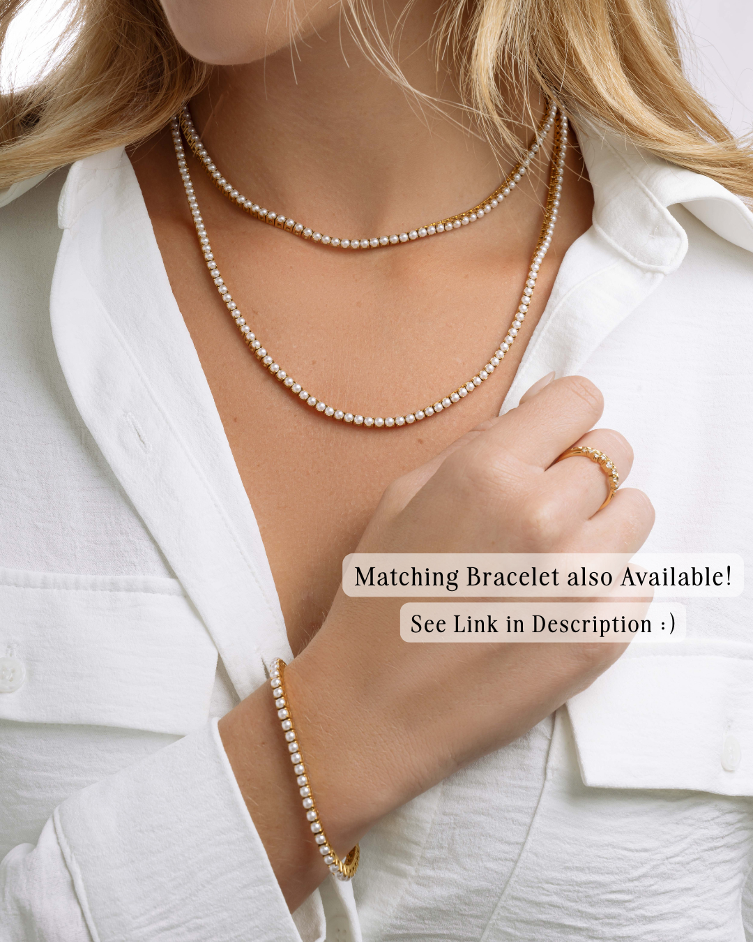 Gold stainless steel SS Pearl Tennis Necklace by Sami Jewels featuring elegant freshwater pearls on a sleek chain.