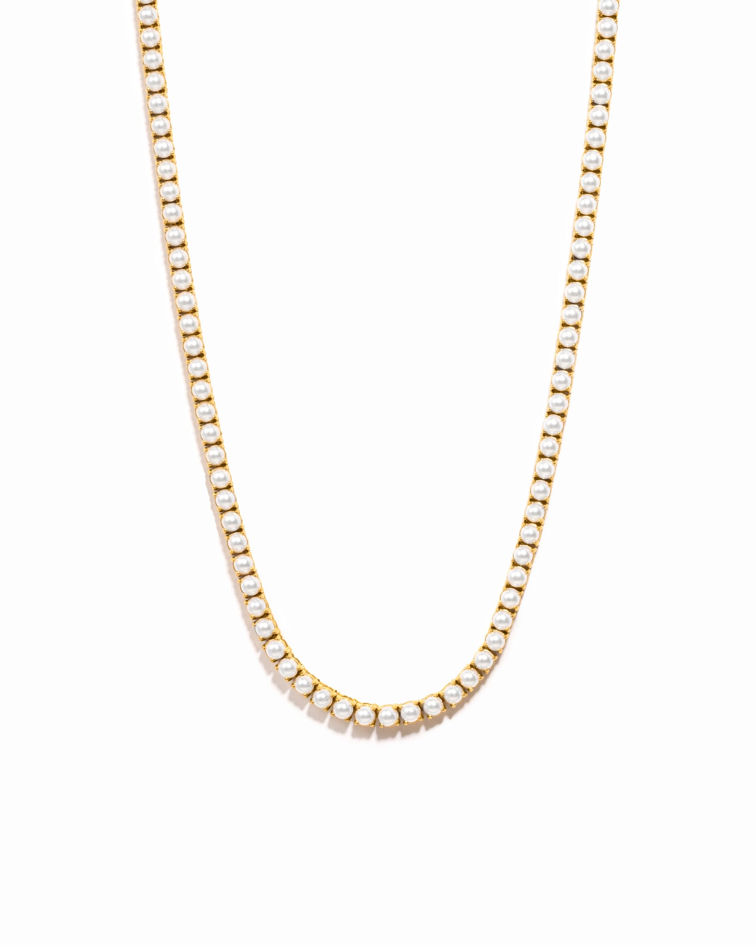 Gold stainless steel SS Pearl Tennis Necklace by Sami Jewels featuring a string of elegant freshwater pearls.