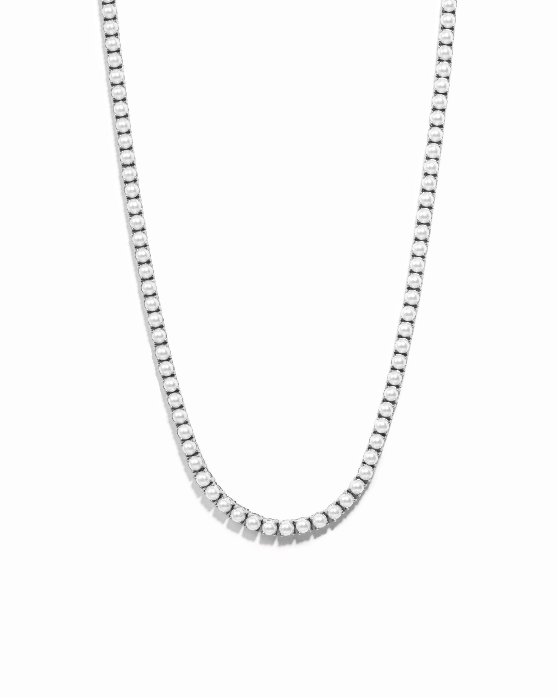 Silver stainless steel SS Pearl Tennis Necklace by Sami Jewels featuring a string of elegant white pearls.