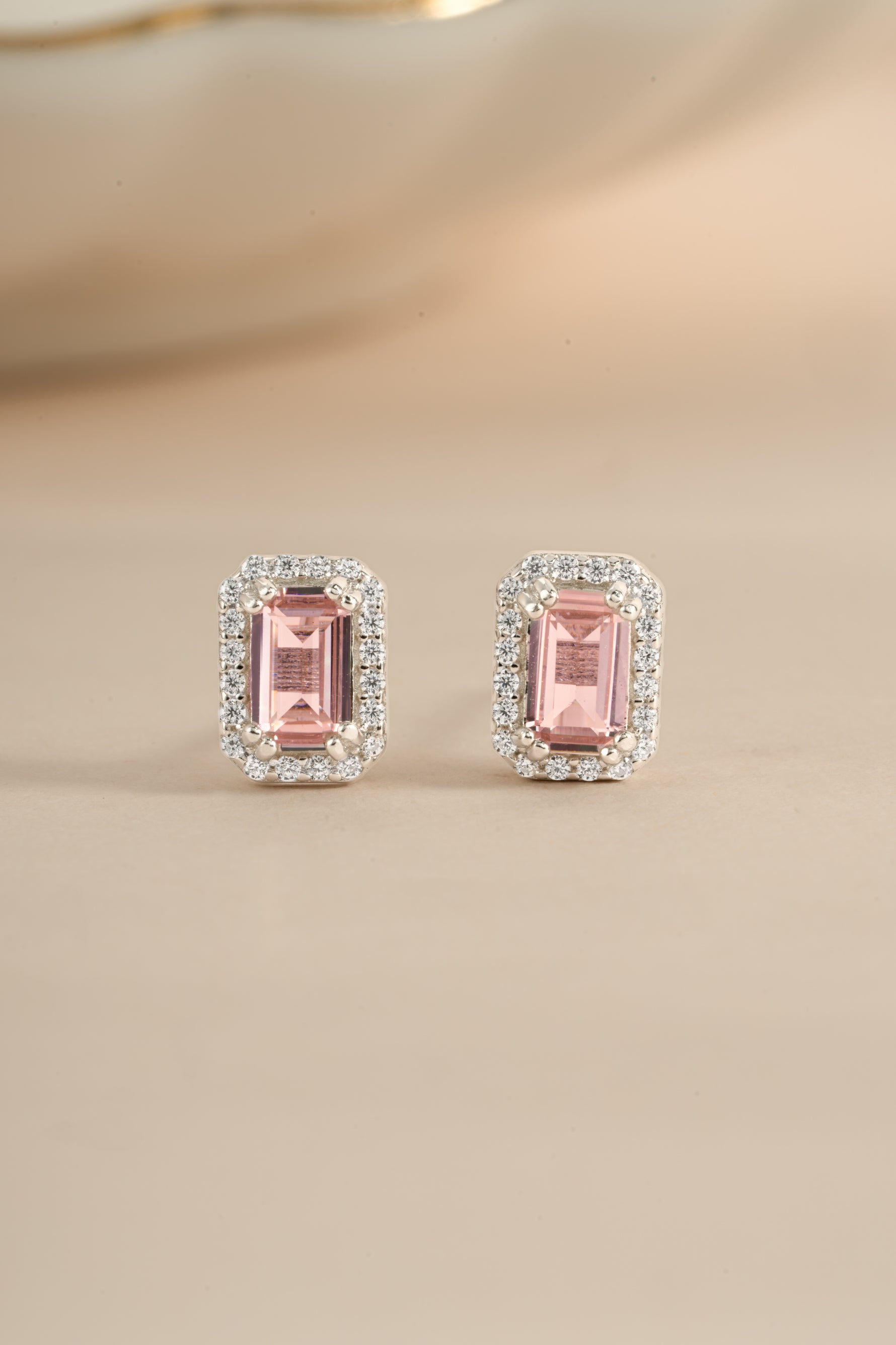 Pink baguette sterling silver stud earrings by Sami Jewels, featuring elegant geometric design for a sophisticated look.