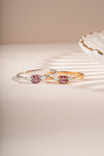 Pink cushion ring from Sami Jewels featuring gold and sterling silver, with a soft pink gemstone and elegant design.