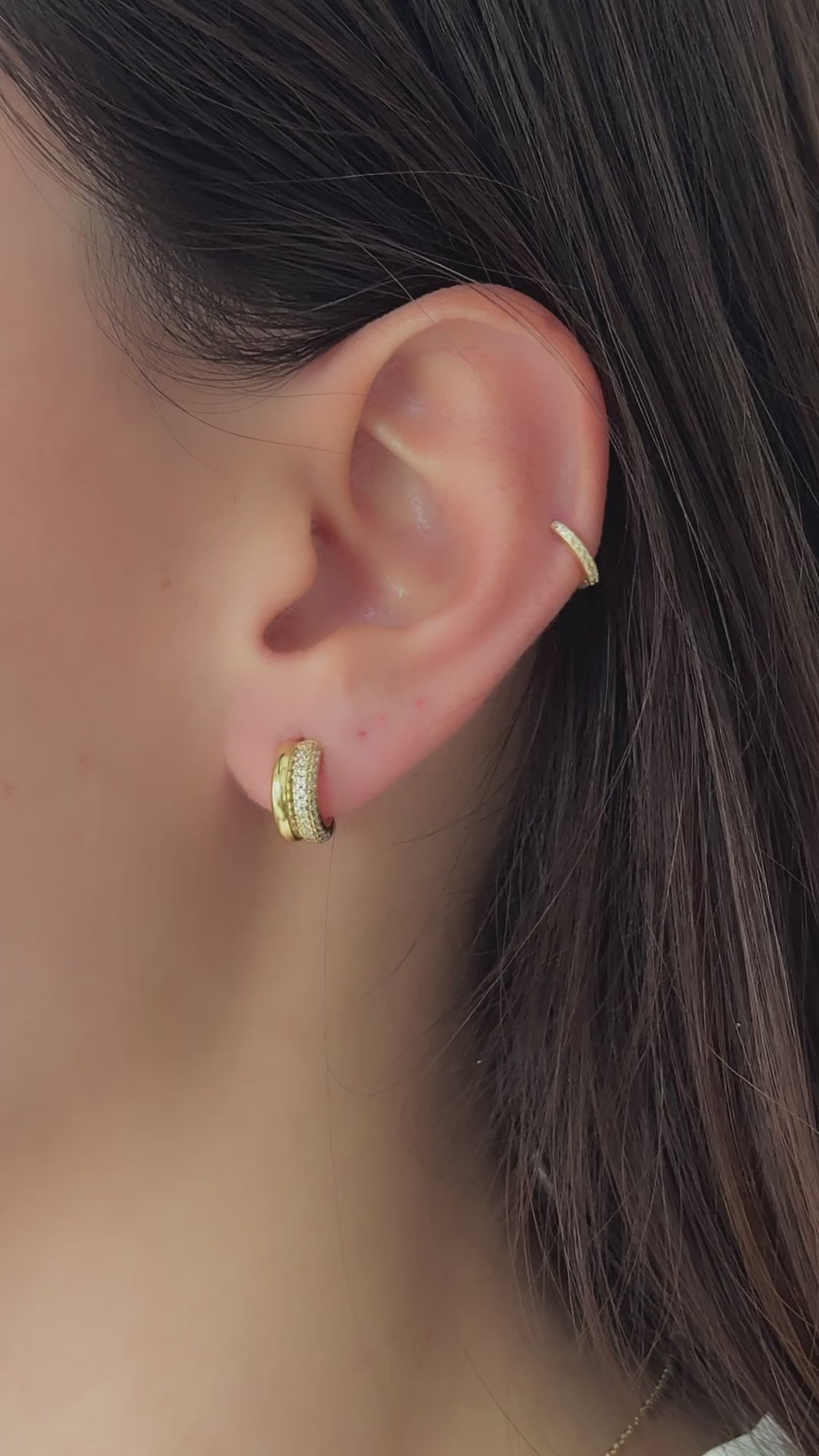 pavé double hoop earrings with CZ stones in gold on model video