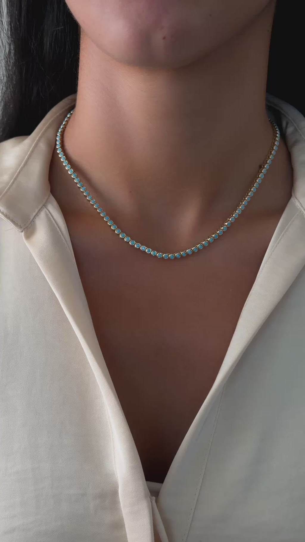 round turquoise tennis necklace in a 16inch length and 18inch length on model