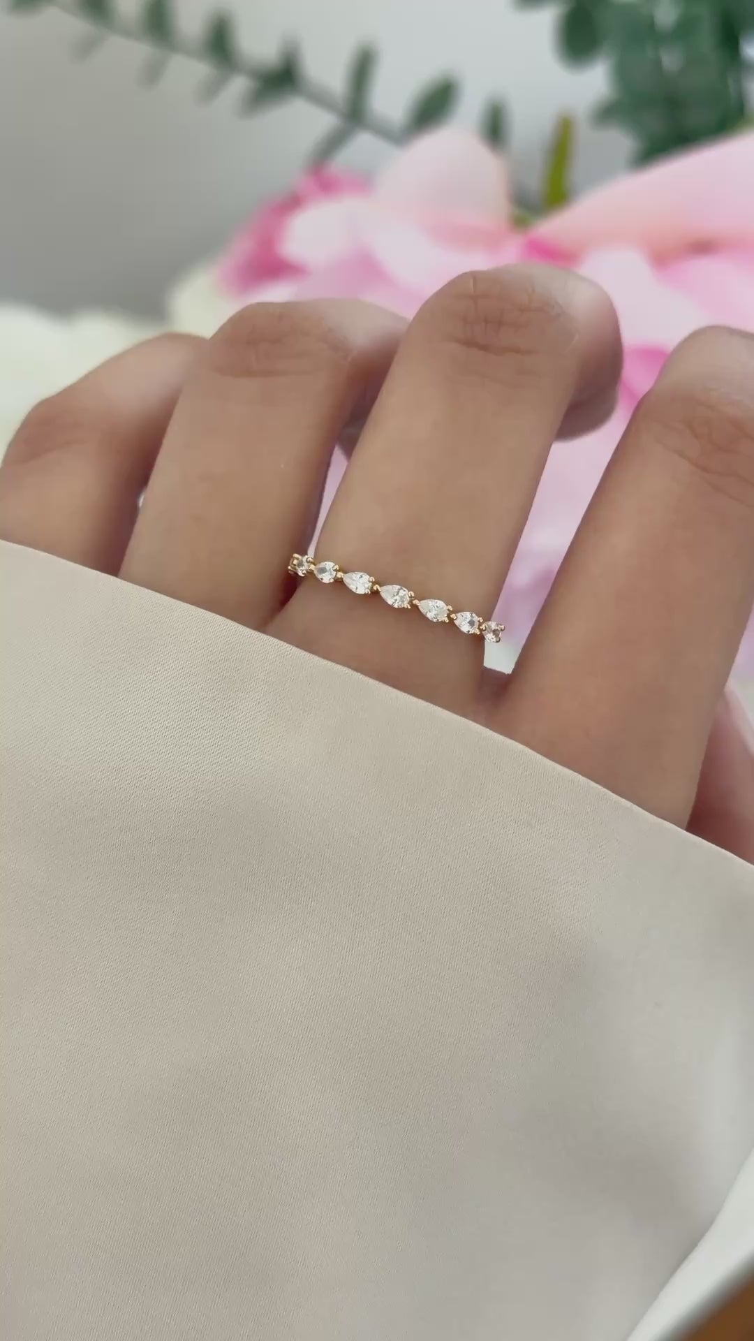 pear stone stacking ring in gold on model video