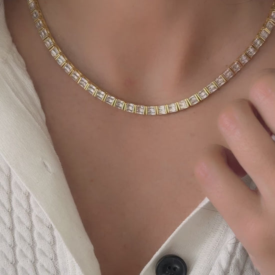 Video of model wearing baguette tennis necklace