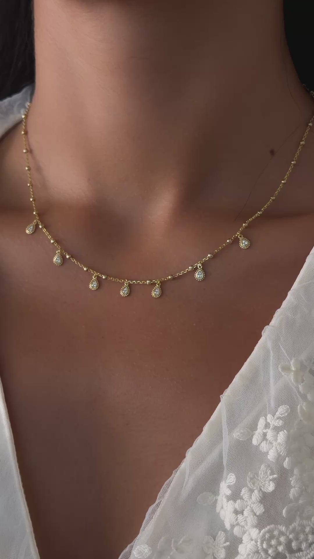 Dangling Tear Drop Necklace In Gold on Model Video