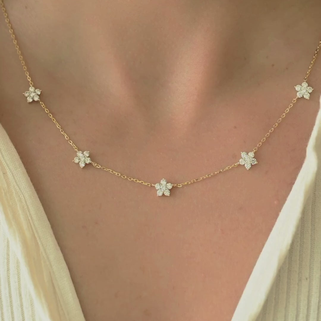 Close-up video of gold diamond flower pendant necklace with detailed floral design on model.