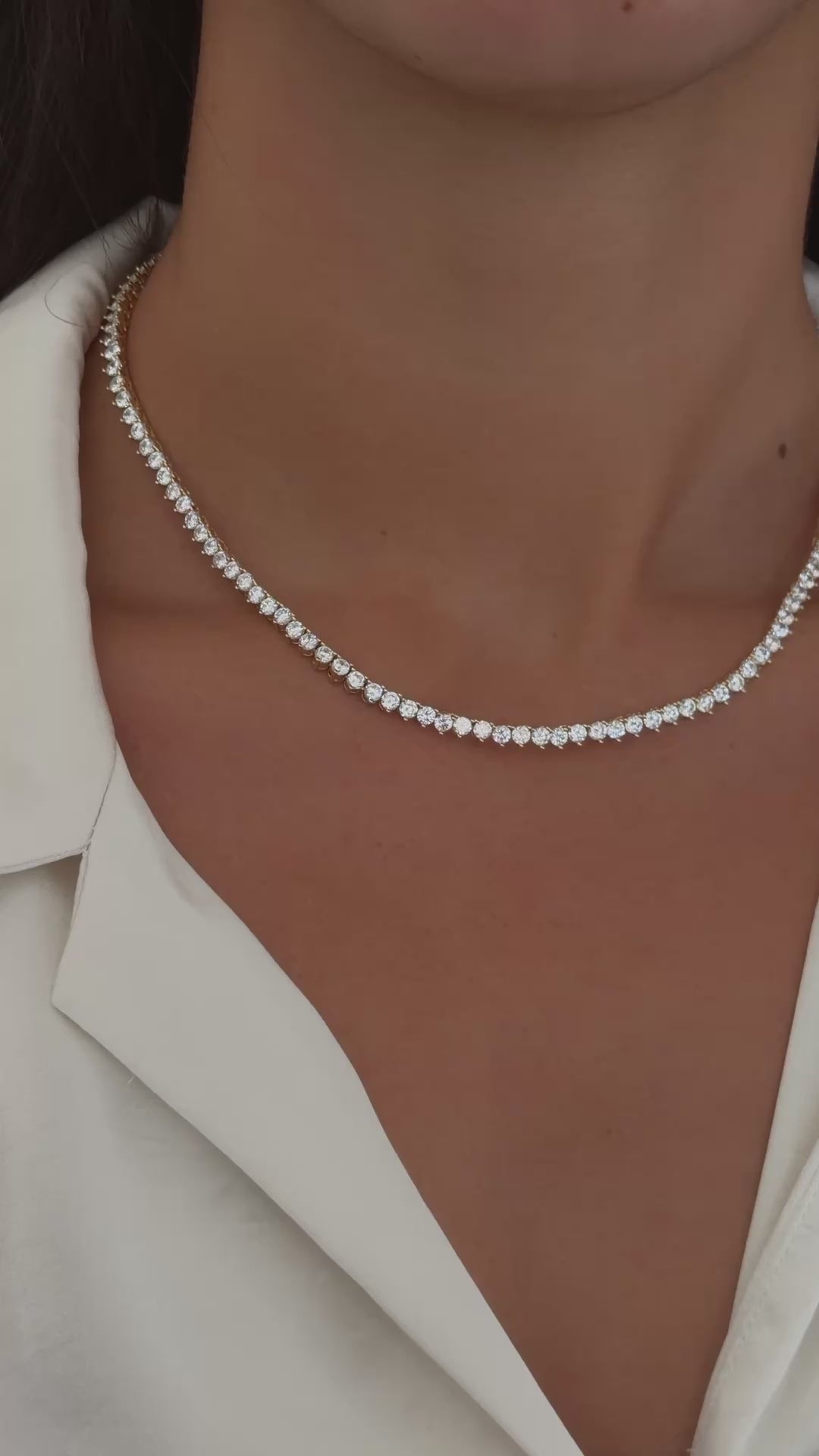 prong diamond tennis necklace in gold on model 