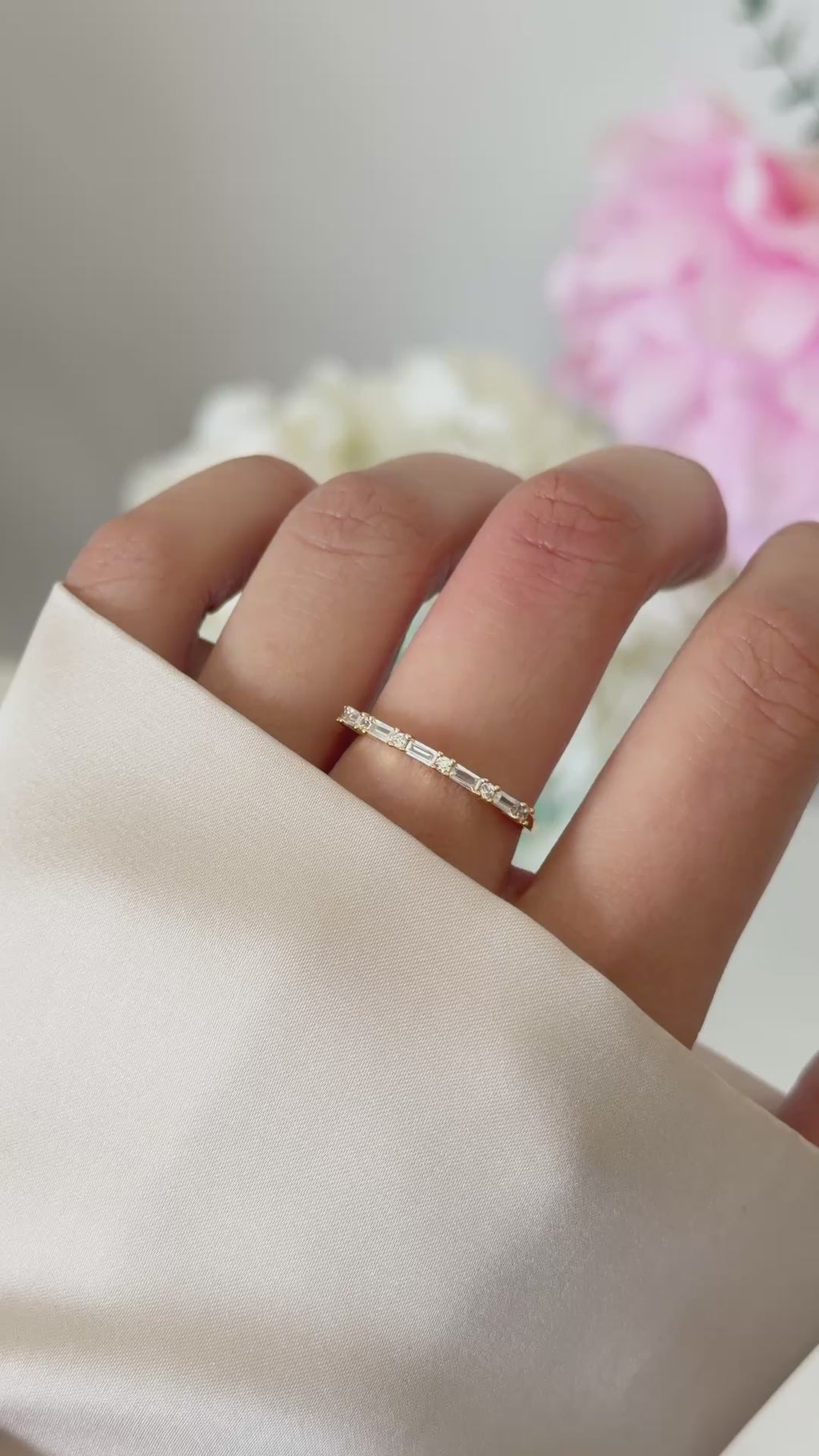 baguette diamond stacking ring in gold on model video 