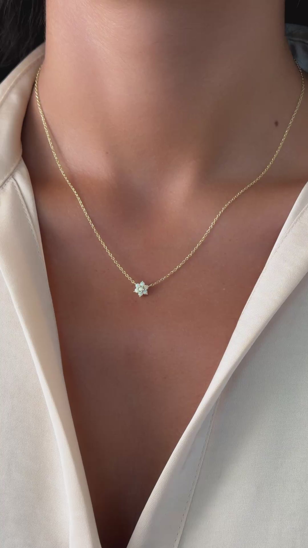 Opal Flower Necklace in gold on model