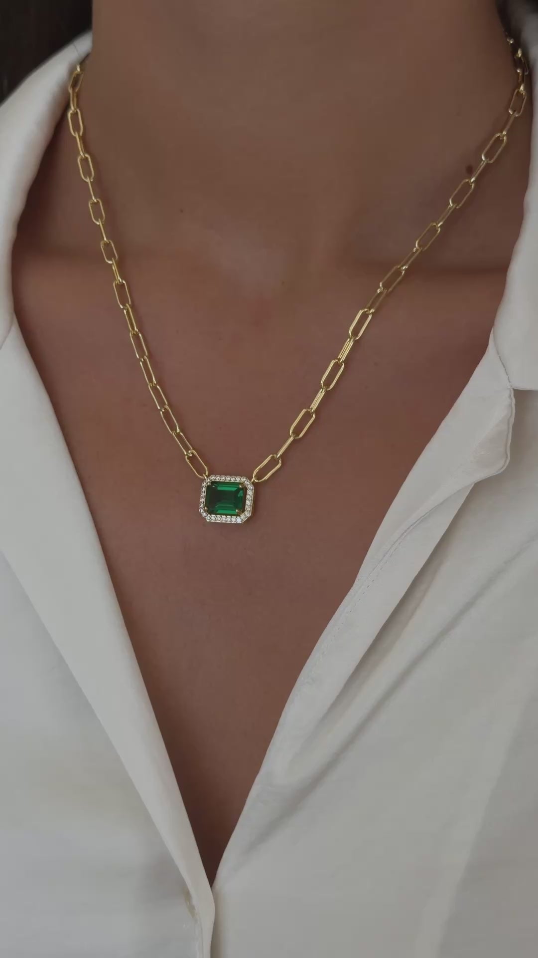 paperclip emerald pendant necklace in gold on model