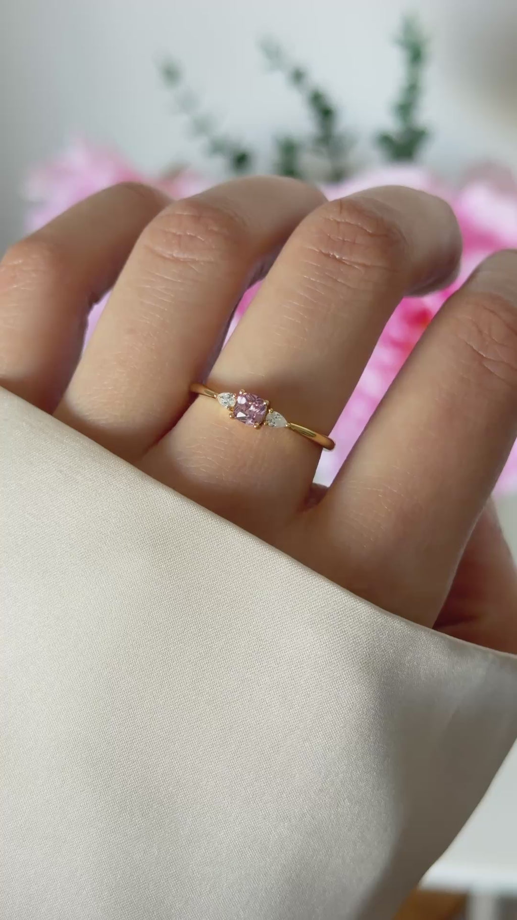 pink cushion ring in gold on model video