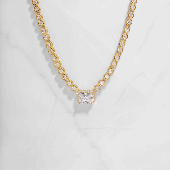 Video of pave diamond tennis necklace worn on model