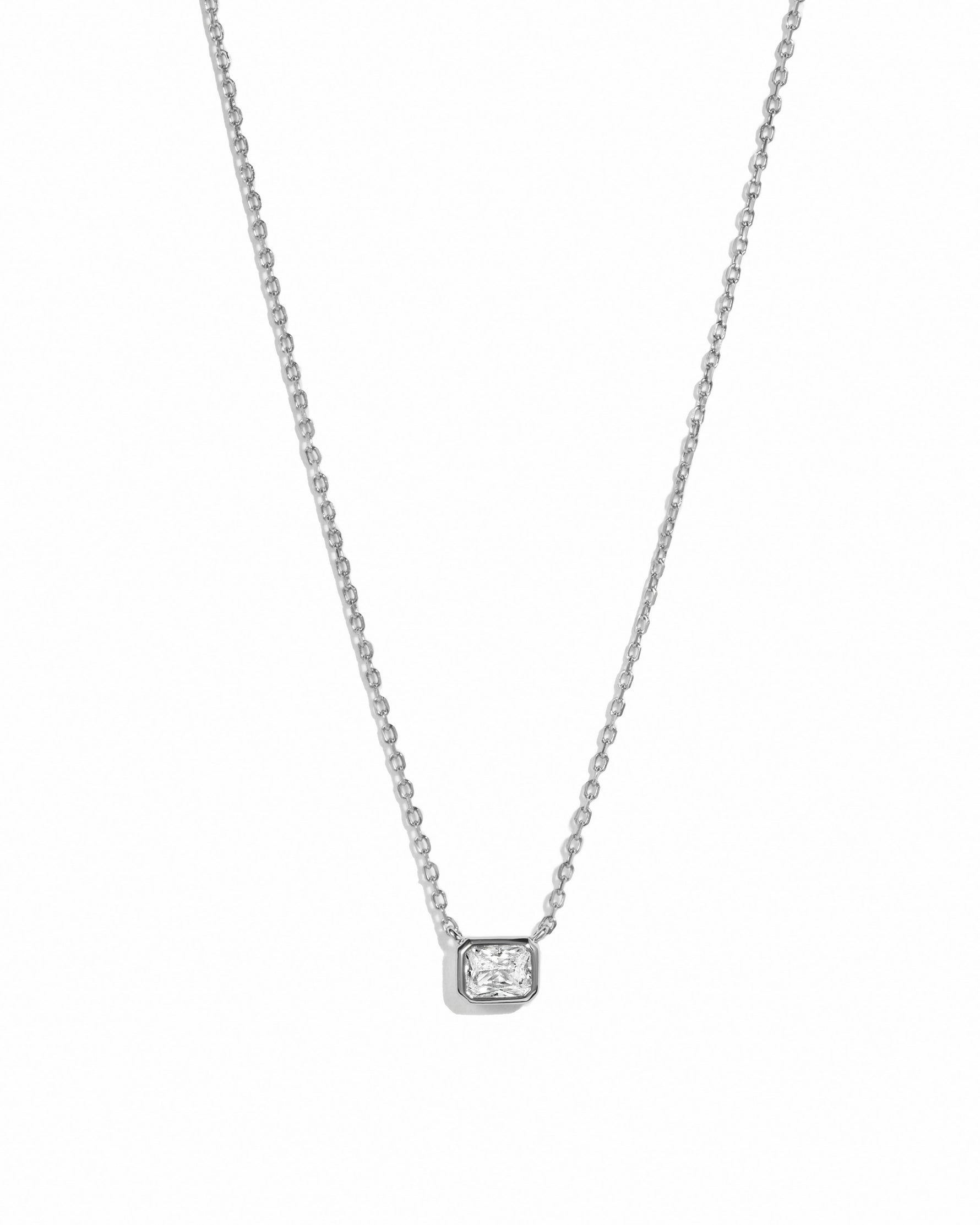Sterling silver Radiant Bezel Necklace by Sami Jewels displayed against a white background.