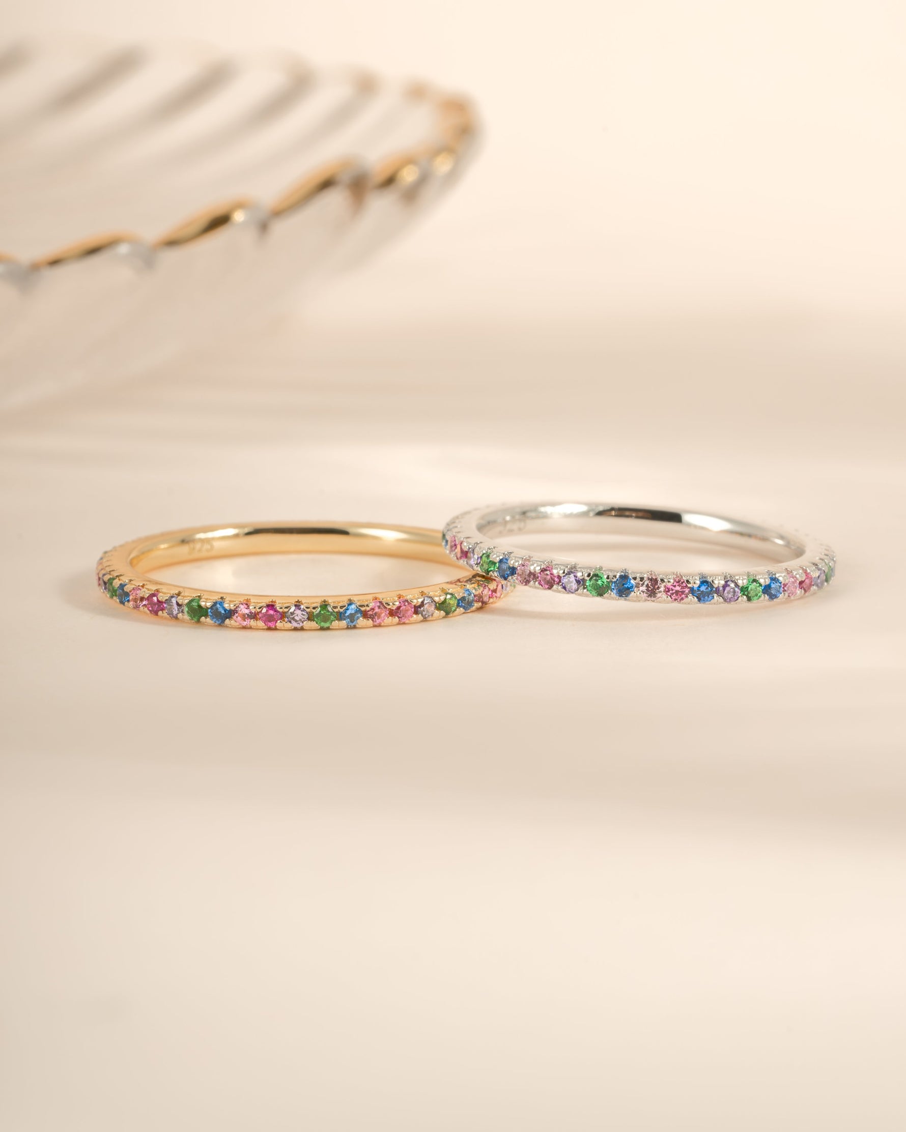 Rainbow Eternity Ring by Sami Jewels featuring gold and sterling silver with colorful rainbow design and continuous band.