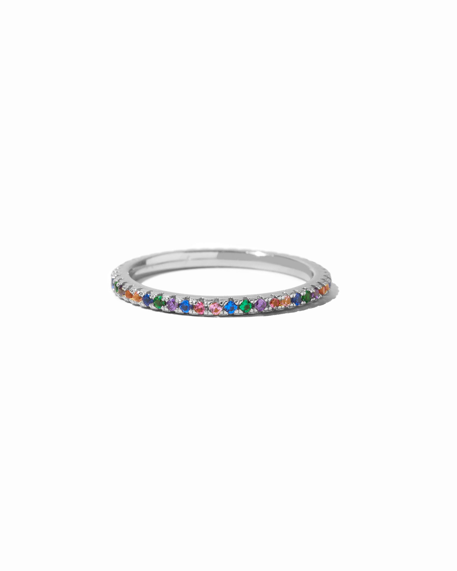 Sterling silver Rainbow Eternity Ring by Sami Jewels featuring multicolor rainbow design on a white background.