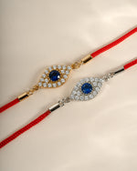 Red string evil eye bracelet by Sami Jewels featuring sterling silver and gold accents, designed for protection and style.