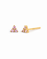 Sami Jewels Tiny Rose 3 Stone Stud Earrings with gold finish and white background, featuring small rose-shaped design and three sparkling stones.