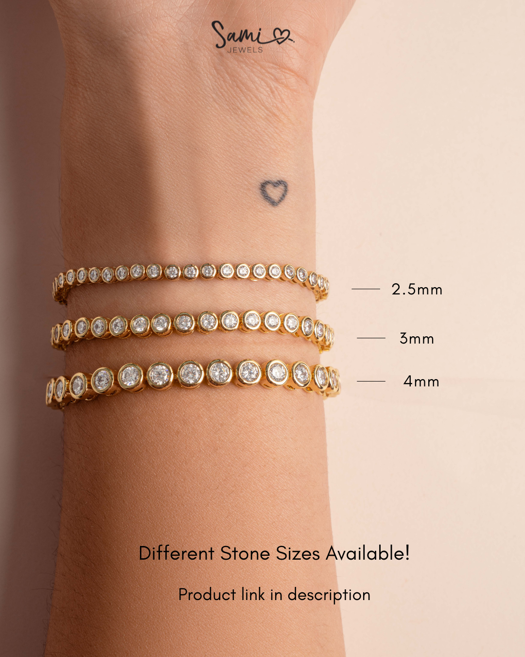 gold round bezel tennis bracelet infographic featuring a 2.5mm tennis bracelet,  a 3mm tennis bracelet, and  a 4mm tennis bracelet on wrist.