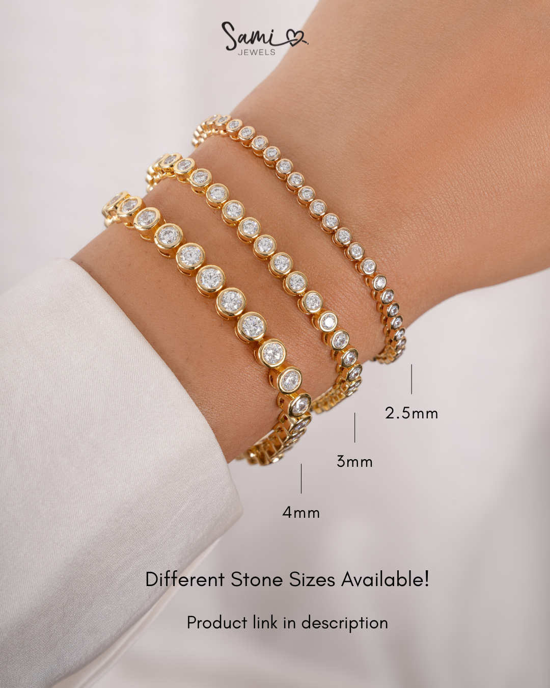 gold round bezel diamond tennis bracelet infographic featuring a 2.5mm tennis bracelet,  a 3mm tennis bracelet, and  a 4mm tennis bracelet on wrist.