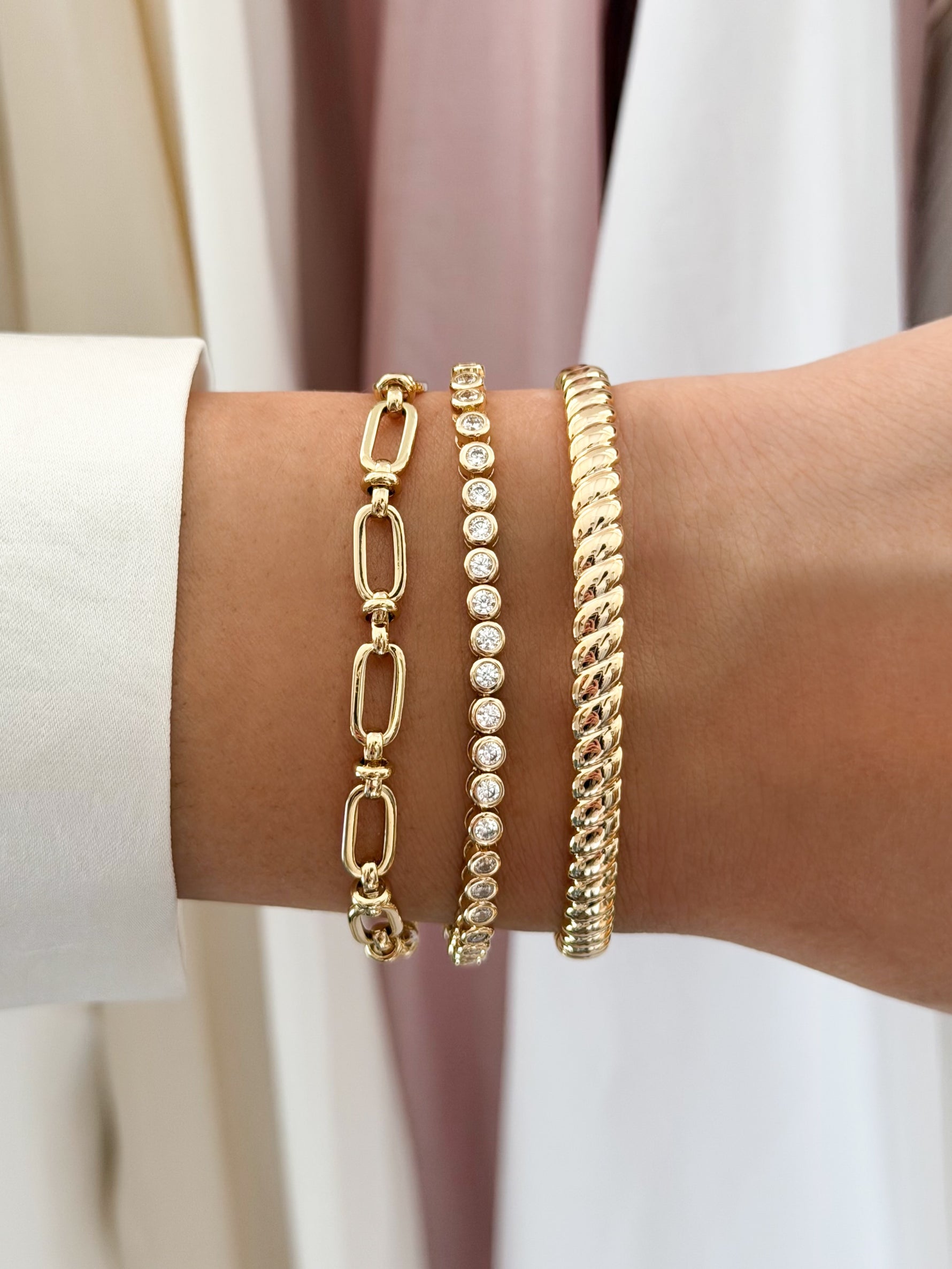 round bezel diamond tennis bracelet gold bracelet stack on model