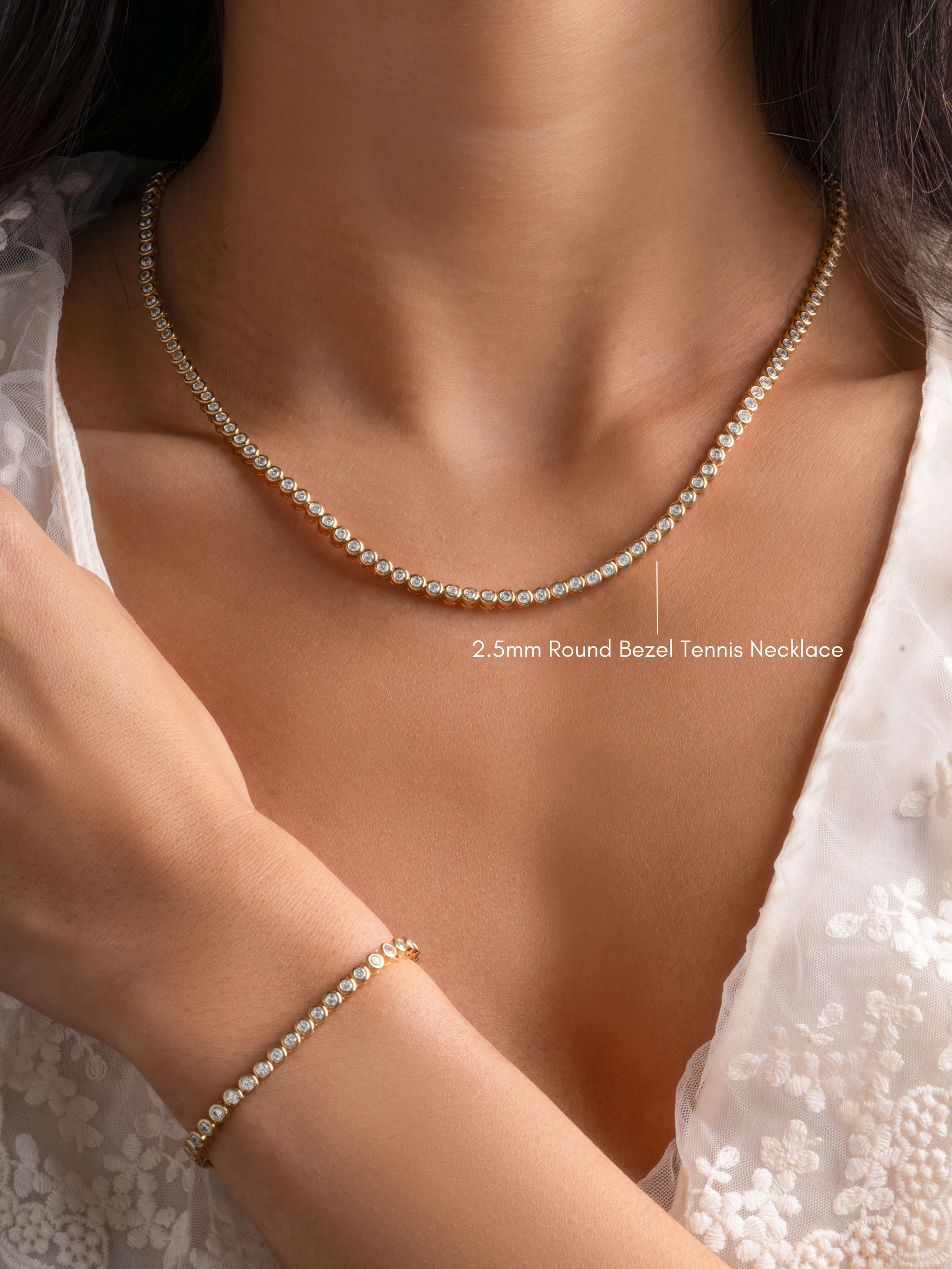 Gold 2.5mm round bezel tennis bracelet by Sami Jewels, featuring a sleek, elegant design with round bezel accents.