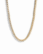 Gold 3mm round bezel tennis necklace by Sami Jewels featuring a sleek, elegant design against a white background.