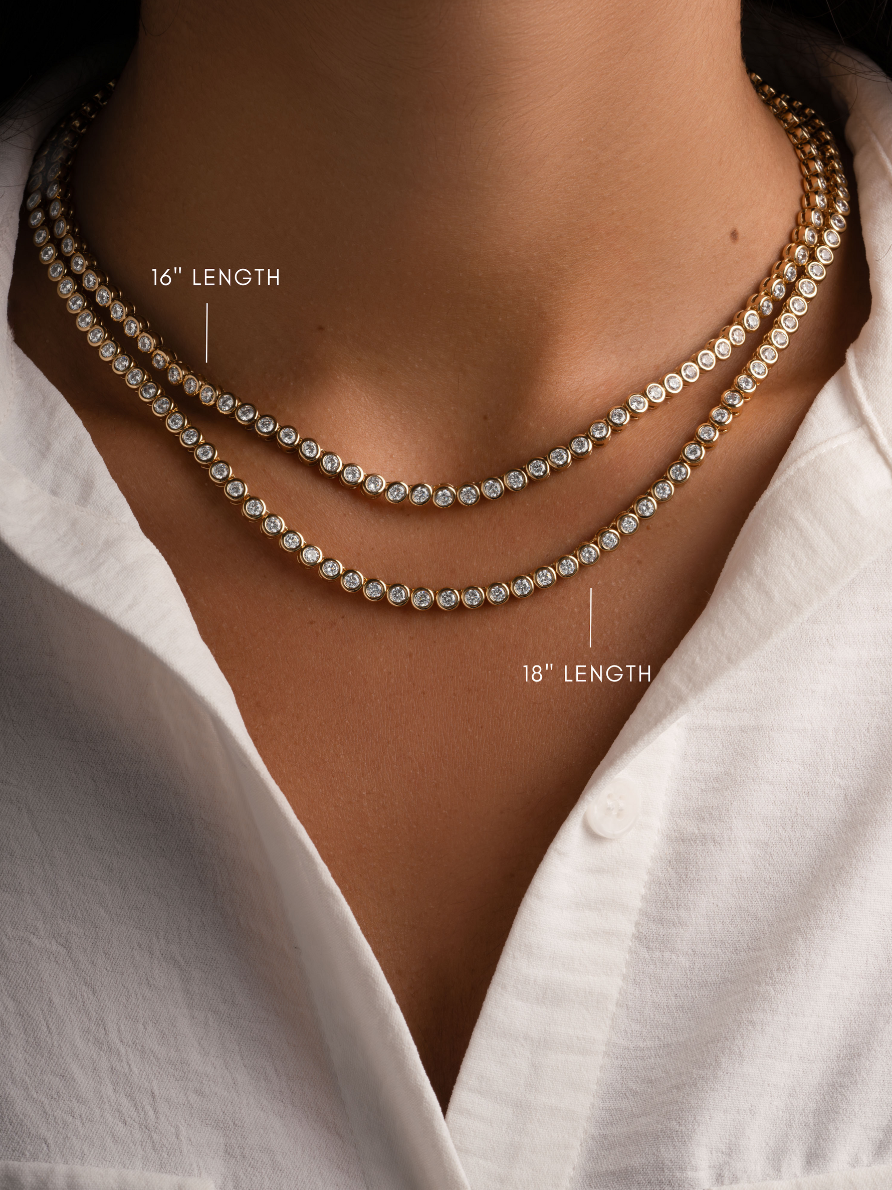 Gold 3mm round bezel tennis necklace by Sami Jewels displayed on a model in various necklace lengths.